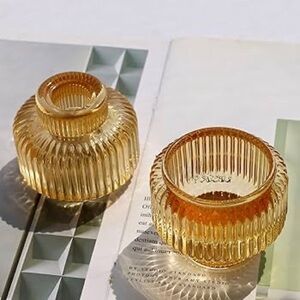 NWOT Amber Ribbed Glass Votive Holders - Set of 2